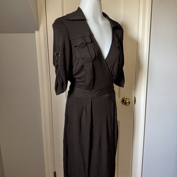 Women’s Diane Von Furstenberg Solid Brown V-Neck Collared Tie Wrap Dress - Picture 3 of 10